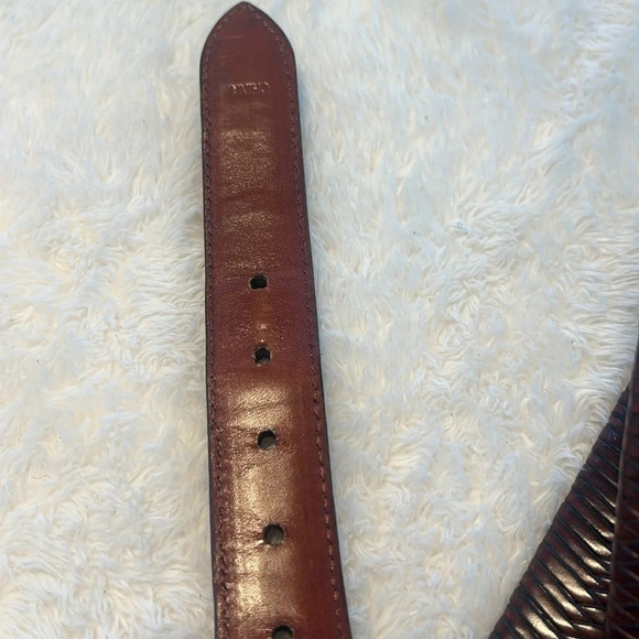 Vintage Brown Belt Sz 34 Fishtail Braided Fullgrain Leather Reptile Brass Buckle - Picture 14 of 16